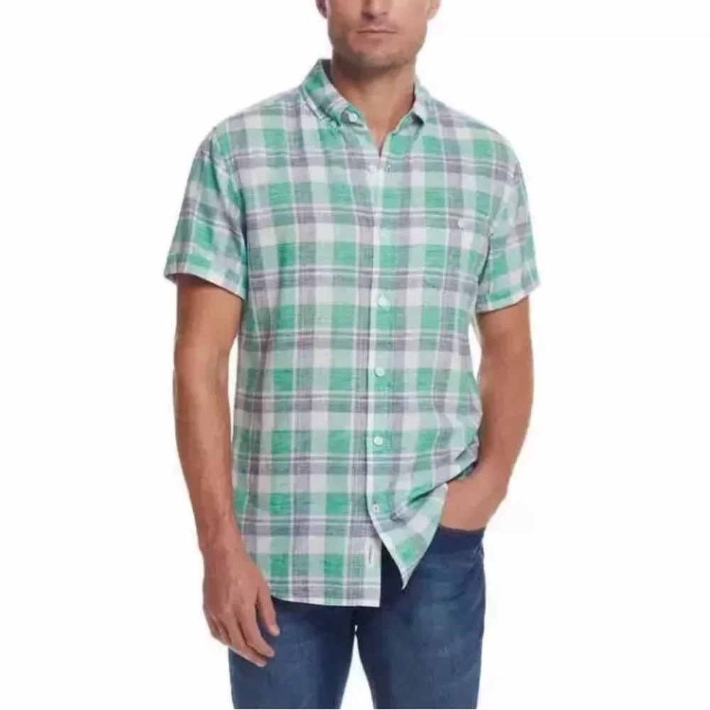 Weatherproof Vintage Men’s Washable Linen Short Sleeve Woven Shirt, Green XXL